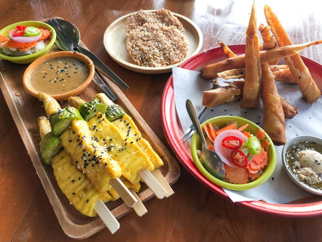 Tofu satay and samosas at Happy Veggie, Koh Lanta, Thailand