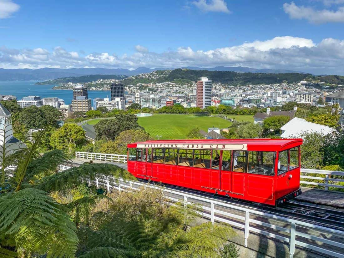 Distinctive red Wellington Cable Car above the city, Wellington, North Island, New Zealand