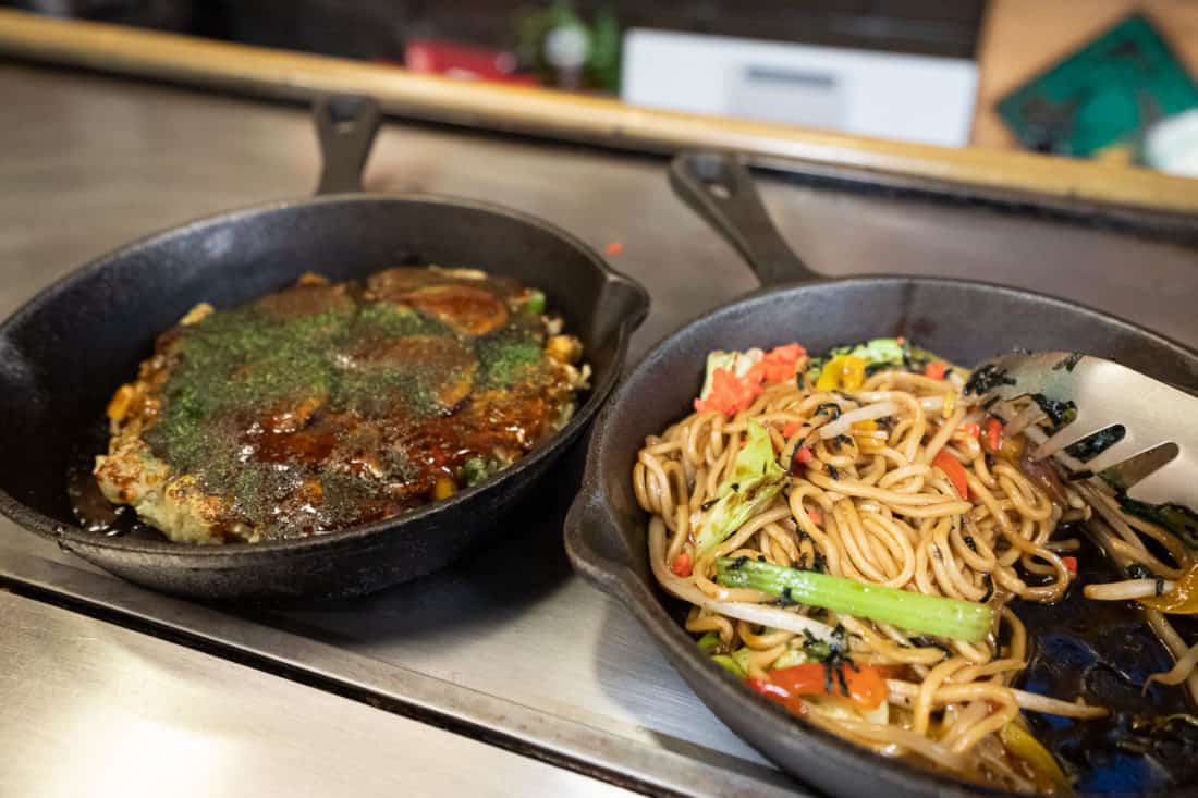 Vegetarian Hokkaido okonomiyaki and yasaka soba at Teppan Tavern Tenamonya in Kyoto, Japan 