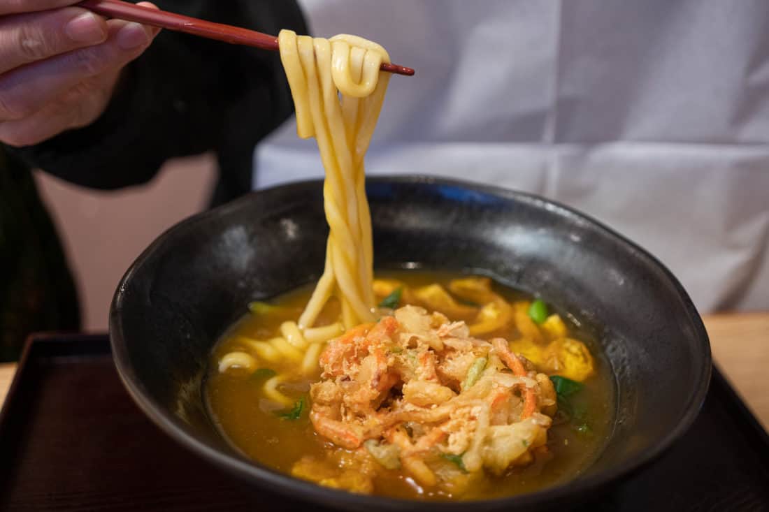 Vegetarian Curry Udon with tempura at Mimikou in Kyoto