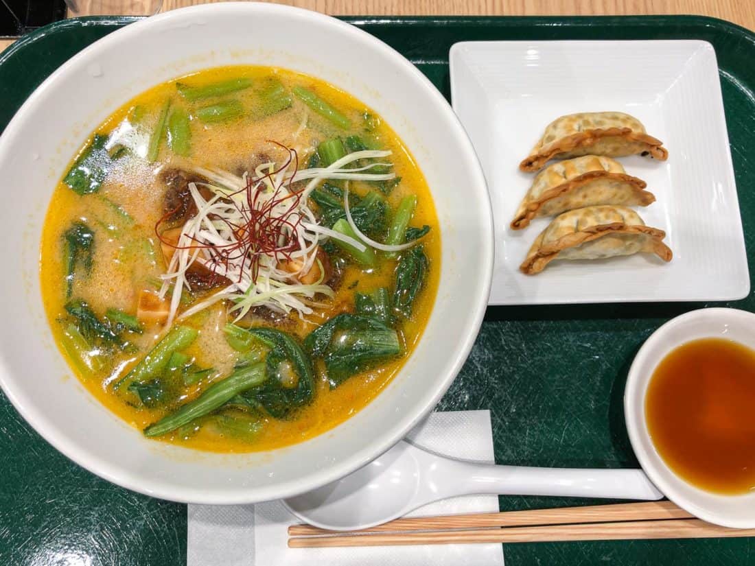 Mapo vegan ramen and gyoza at T Tans in Tokyo, Japan