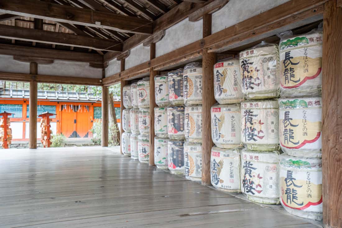 Sake barrels at Yoshida Shrine, a quiet Kyoto temple on Yoshida Hill