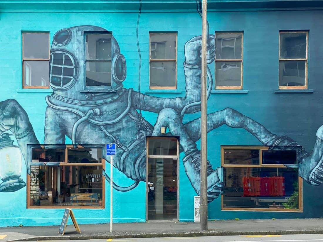 Street art covered Escape Coffee Roasters in New Plymouth, Tarnanaki