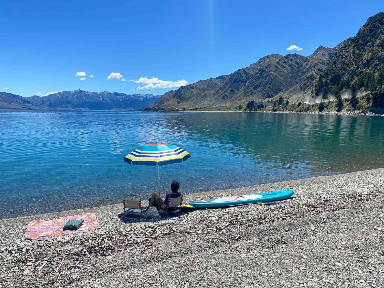 Our beach set up at Lake Hawea beach