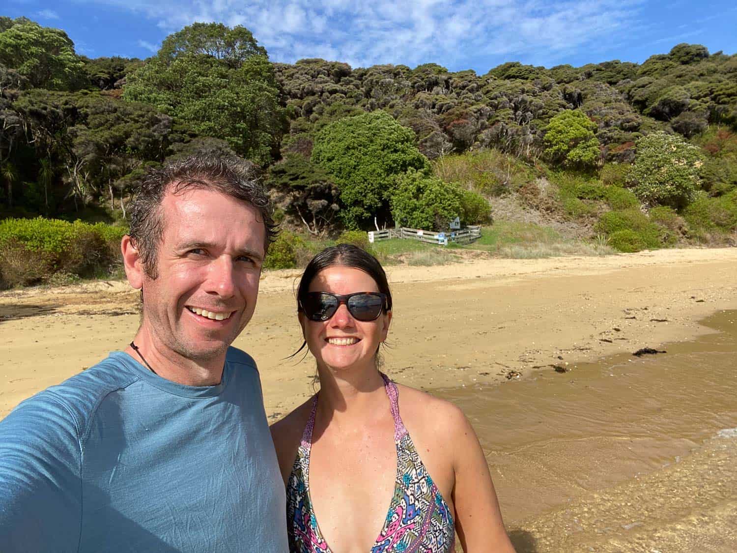 Simon and Erin at a beach on Urupukapuka Island