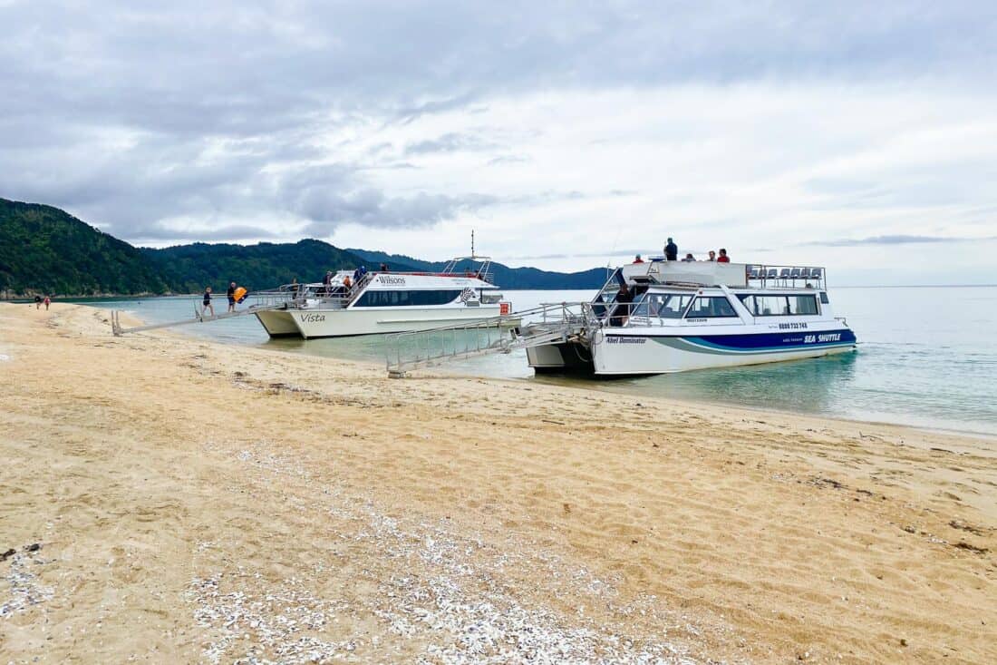 Abel Tasman water taxis from Wilsons and Sea Shuttle at Awaroa Beach, New Zealand
