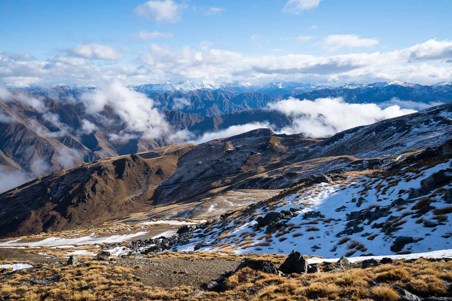 View from top of Cardrona ski resort gondola in early winter, Wanaka, New Zealand