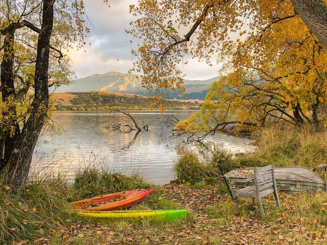 Kayakas and golden trees at Lake Hayes in autumn 