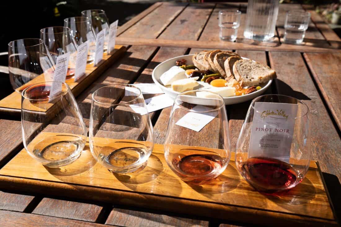 Cheese platter and wine flight at Gibbston Valley Winery