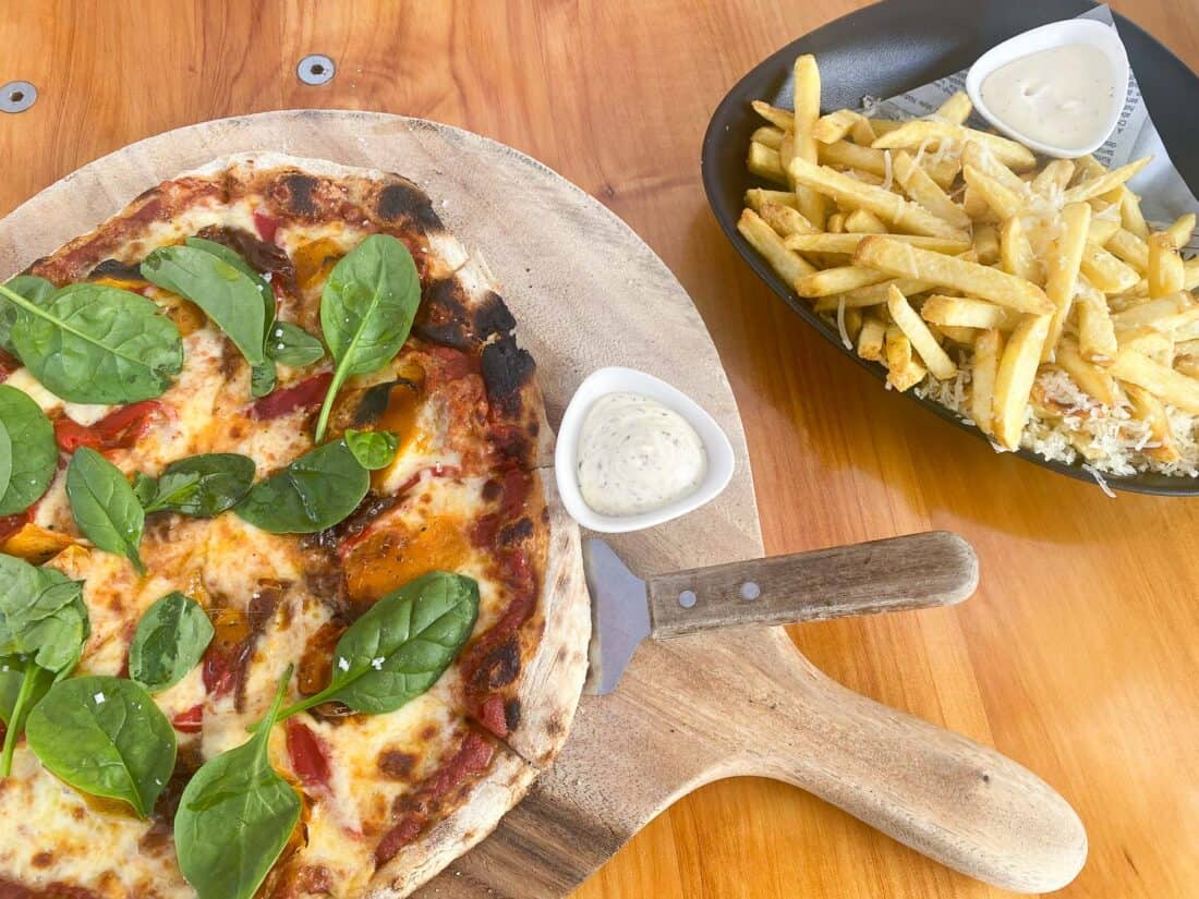 Pizza and fries at Kinross winery restaurant in Gibbston Valley