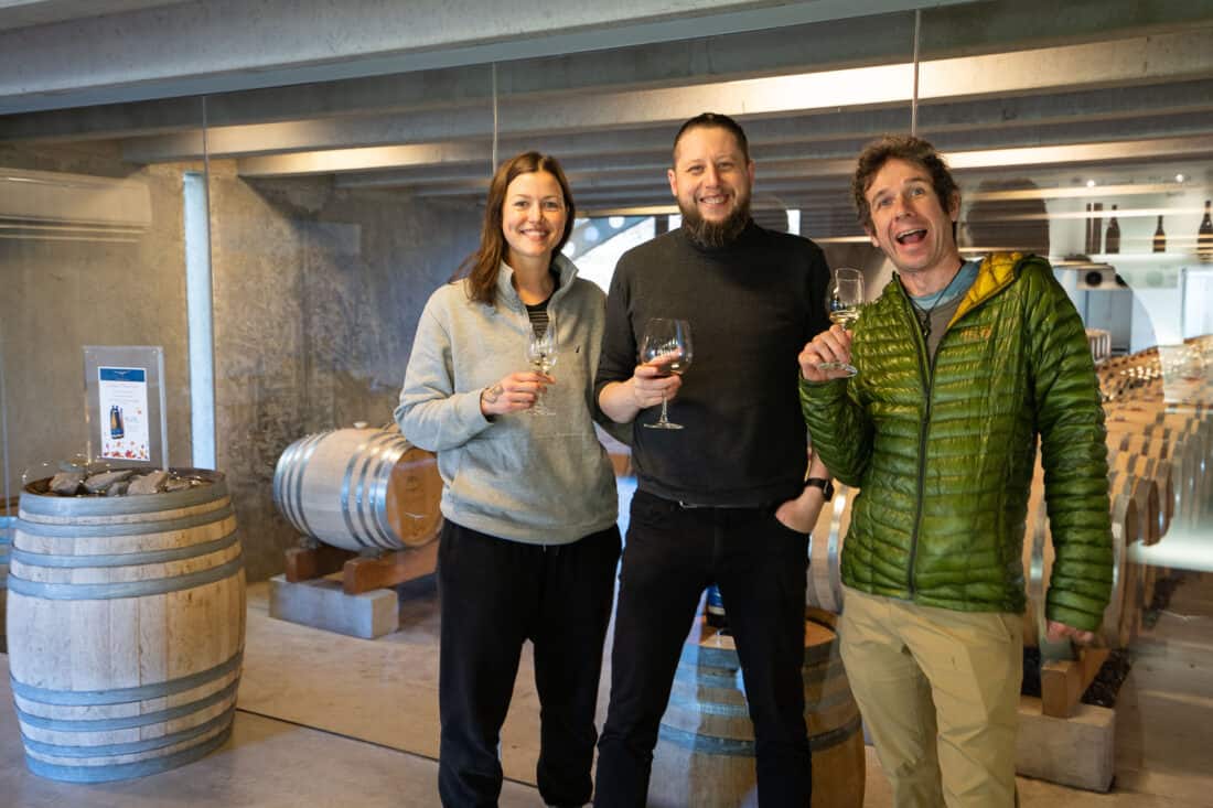 Tasting Peregrine wines with friends at their cellar door overlooking their wine barrels