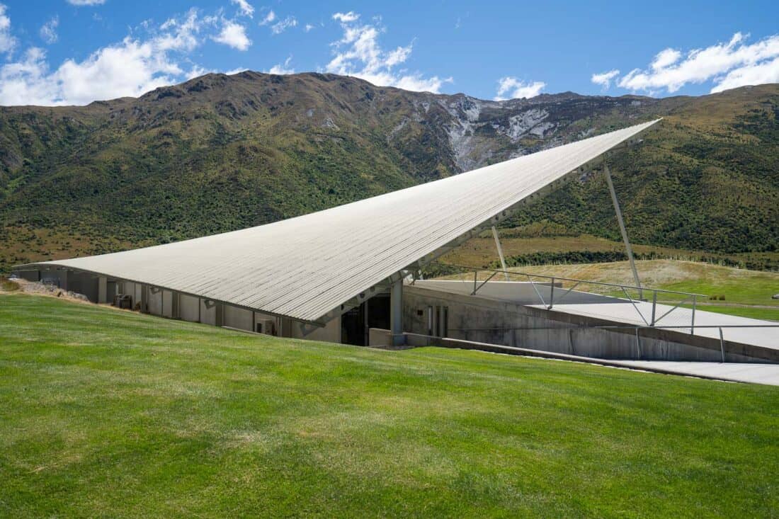 The Peregrine cellar door shaped like a falcon in the Gibbston Valley, New Zealand