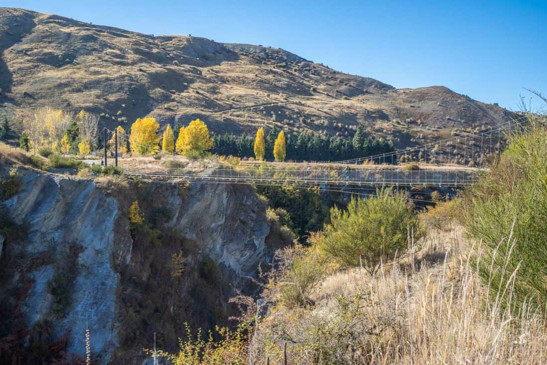 The Edgar suspension bridge in autumn on the Arrow River Bridges Trail