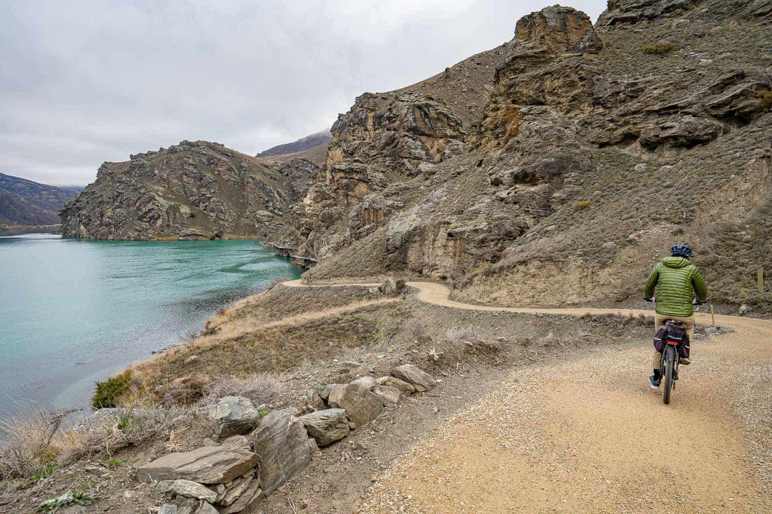 Cycling through Cromwell Gorge on the Lake Dunstan Cycle Trail in Central Otago, New Zealand