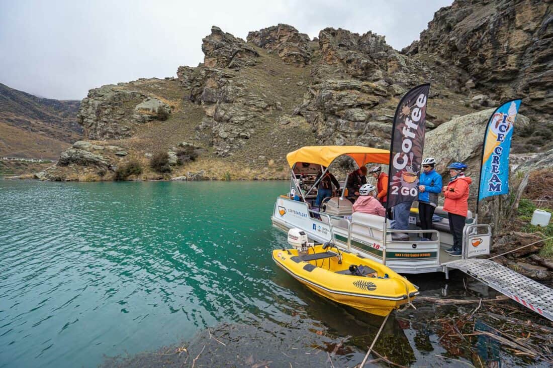 Coffee Afloat, the floating coffee shop on the Lake Dunstan Cycle Trail in New Zealand