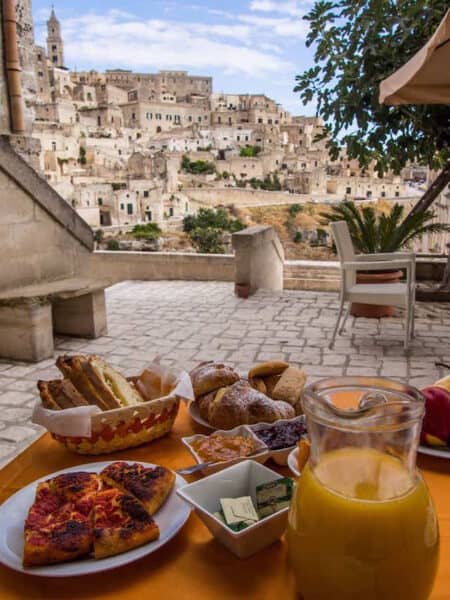 A typical Italian breakfast with a view at La Corte dei Pastori in Matera Italy.