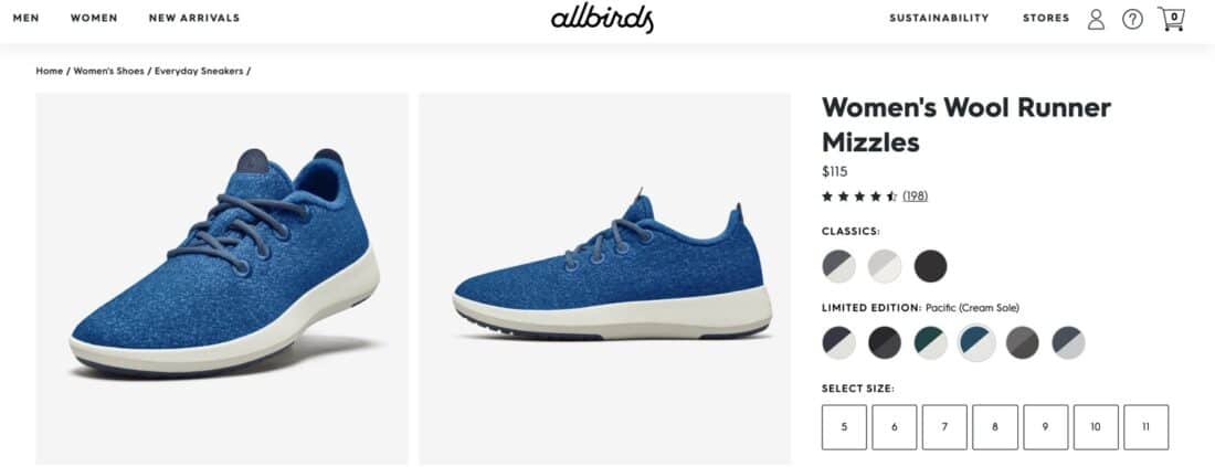 Allbirds Mizzles in Pacific colour on Allbirds website