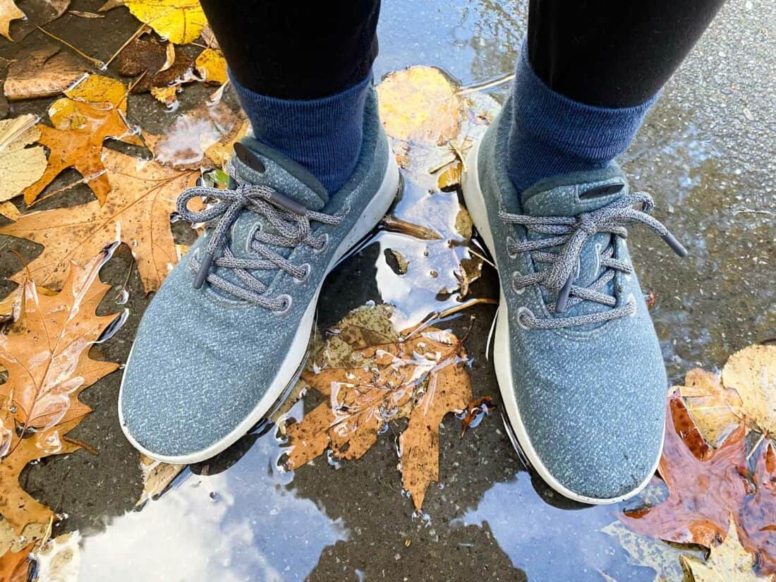 Wearing my Allbirds Wool Runner Mizzles in the rain