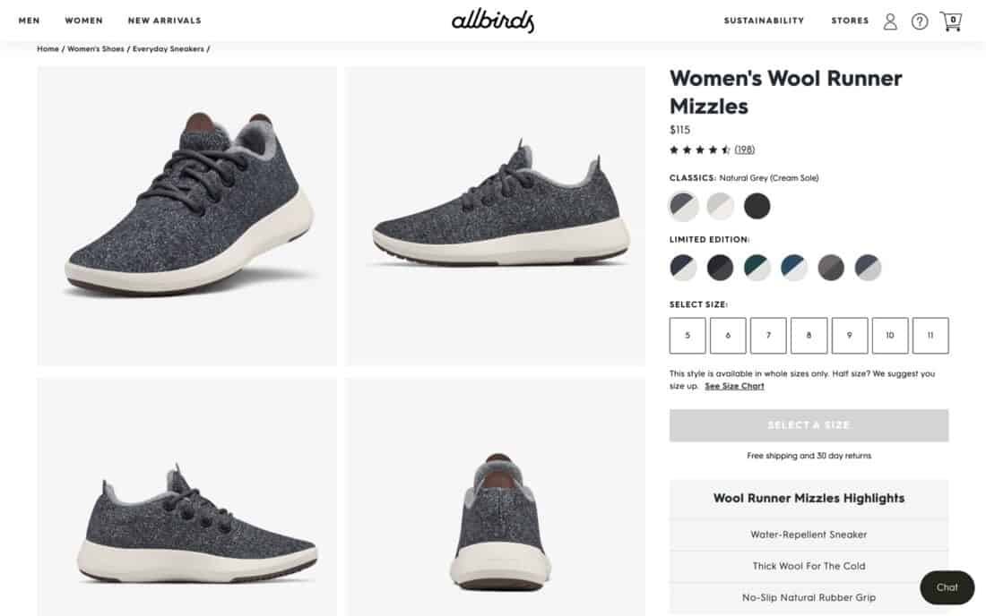 Allbirds Wool Runner Mizzles page on website