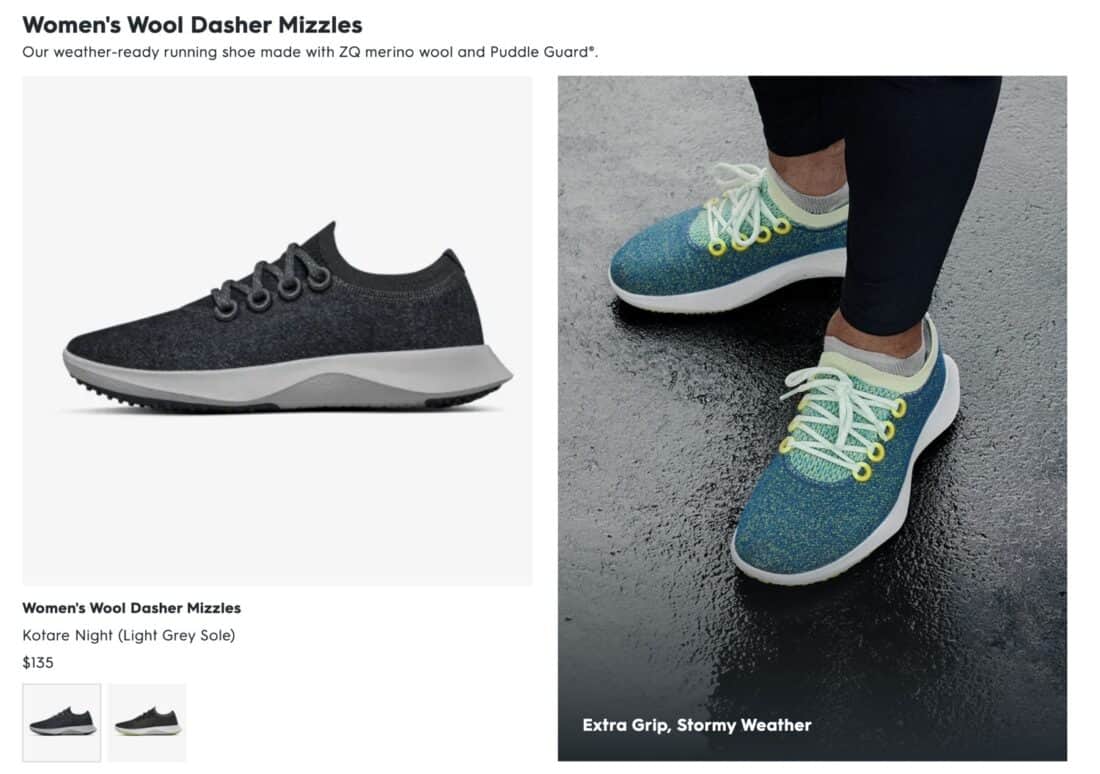 Allbirds wool dasher mizzles page from website