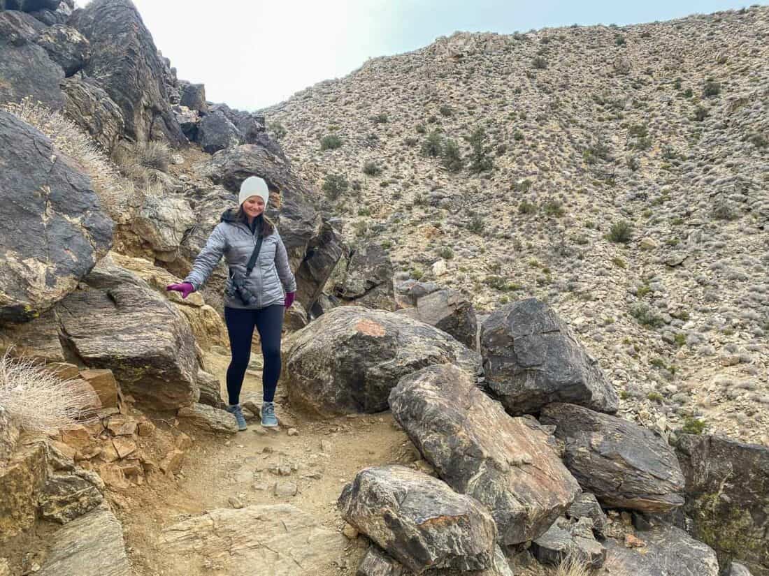 Erin wearing Allbirds Mizzles on Ryan Mountain trail on Joshua Tree National Park