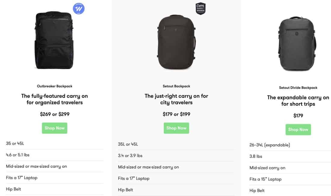 Tortuga backpacks comparison: Setout, Outbreaker and Setout Divide