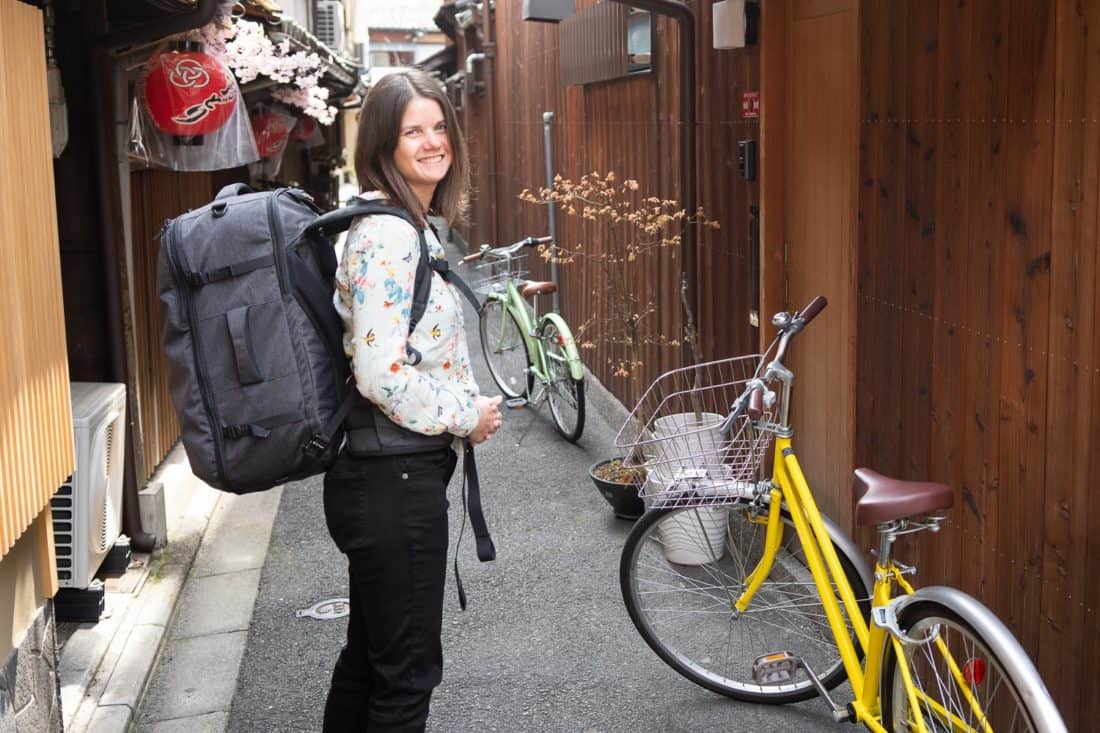 Erin wearing Tortuga Setout backpack in Kyoto, Japan