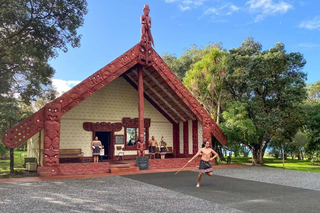 Cultural performance in the Te Whare Rūnanga (Carved Meeting House) at Waitangi Treaty Grounds, Paihia, New Zealand