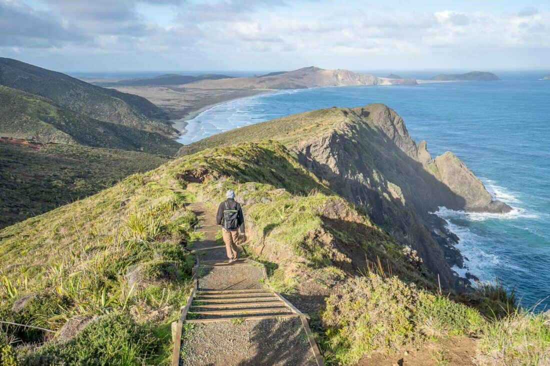 Hiking the Te Paki Coastal Track from Cape Reinga lighthouse to Te Werahi Beach