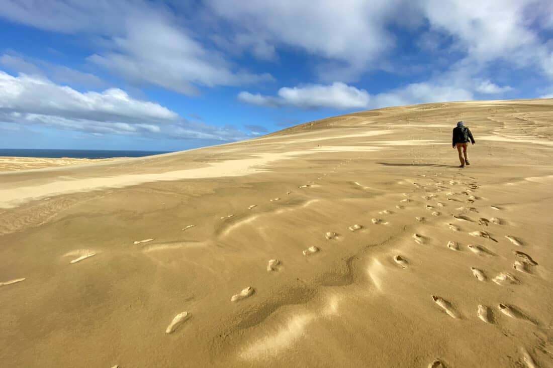 Walking up Te Paki Sand Dunes in Northland, New Zealand