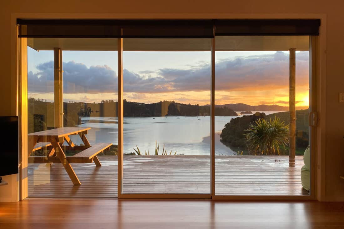 Sunset view from our Russell holiday house in Bay of Islands, New Zealand