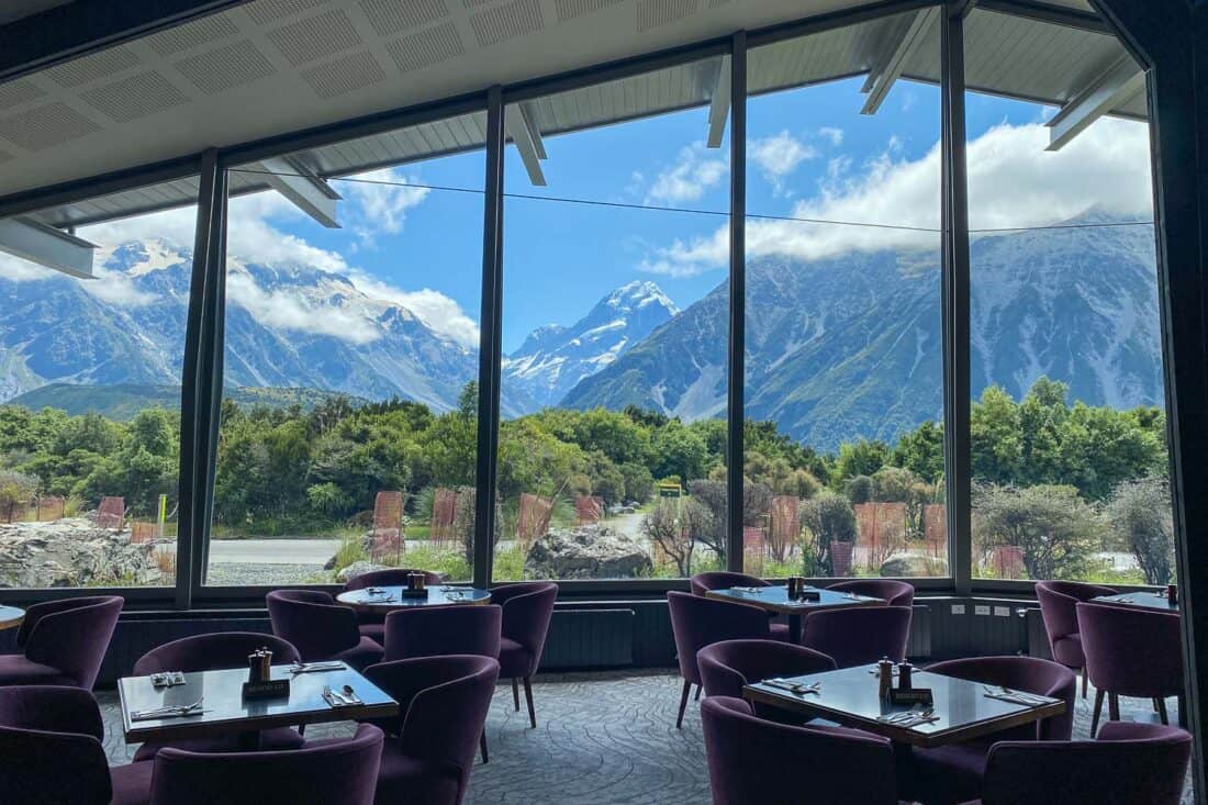 Summer view of Aoraki Mt Cook from Hermitage Hotel restaurant