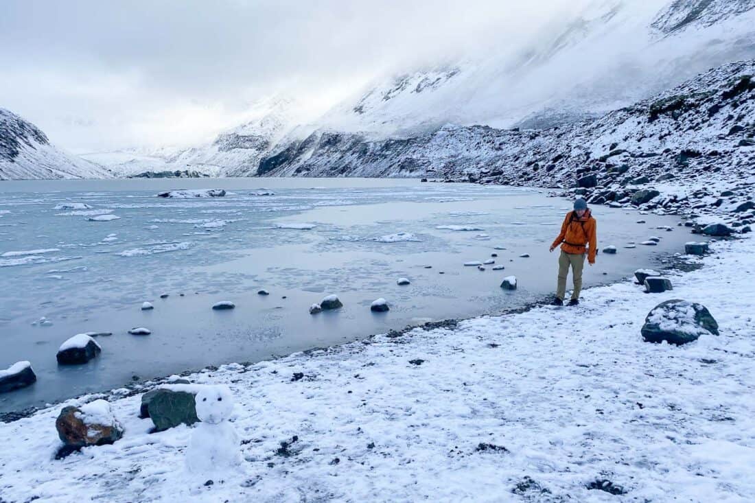 Snowy Hooker Lake at Aoraki Mt Cook in winter 