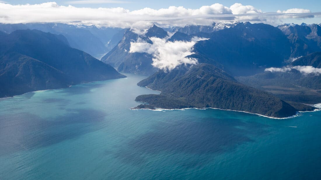 Flying into Milford Sound, a major South Island attraction in New Zealand