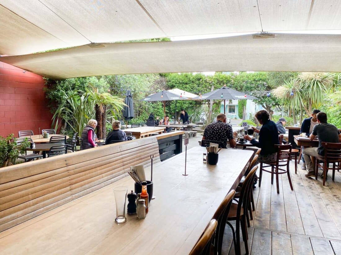 Leading to the large outdoor garden space at Deville Cafe in Nelson, New Zealand