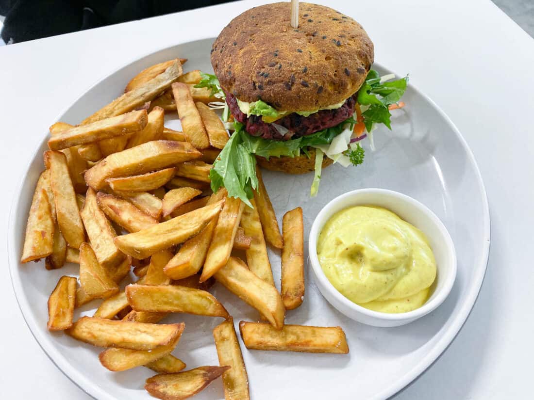 Vegan black bean burger at The Kitchen in Nelson, NZ