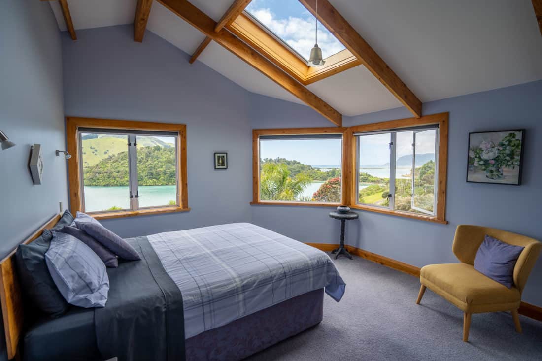 The upstairs bedroom at Kikorangi Retreat in Delaware Bay near Nelson, NZ