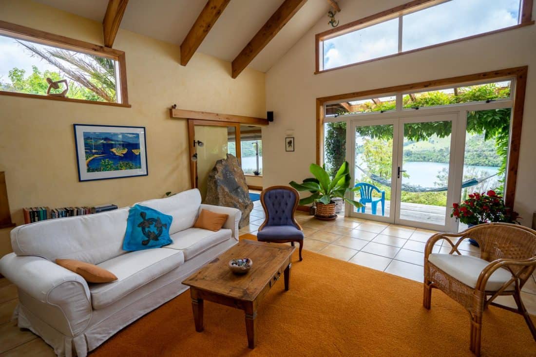 The living room at Kikorangi Retreat in Delaware Bay near Nelson, NZ