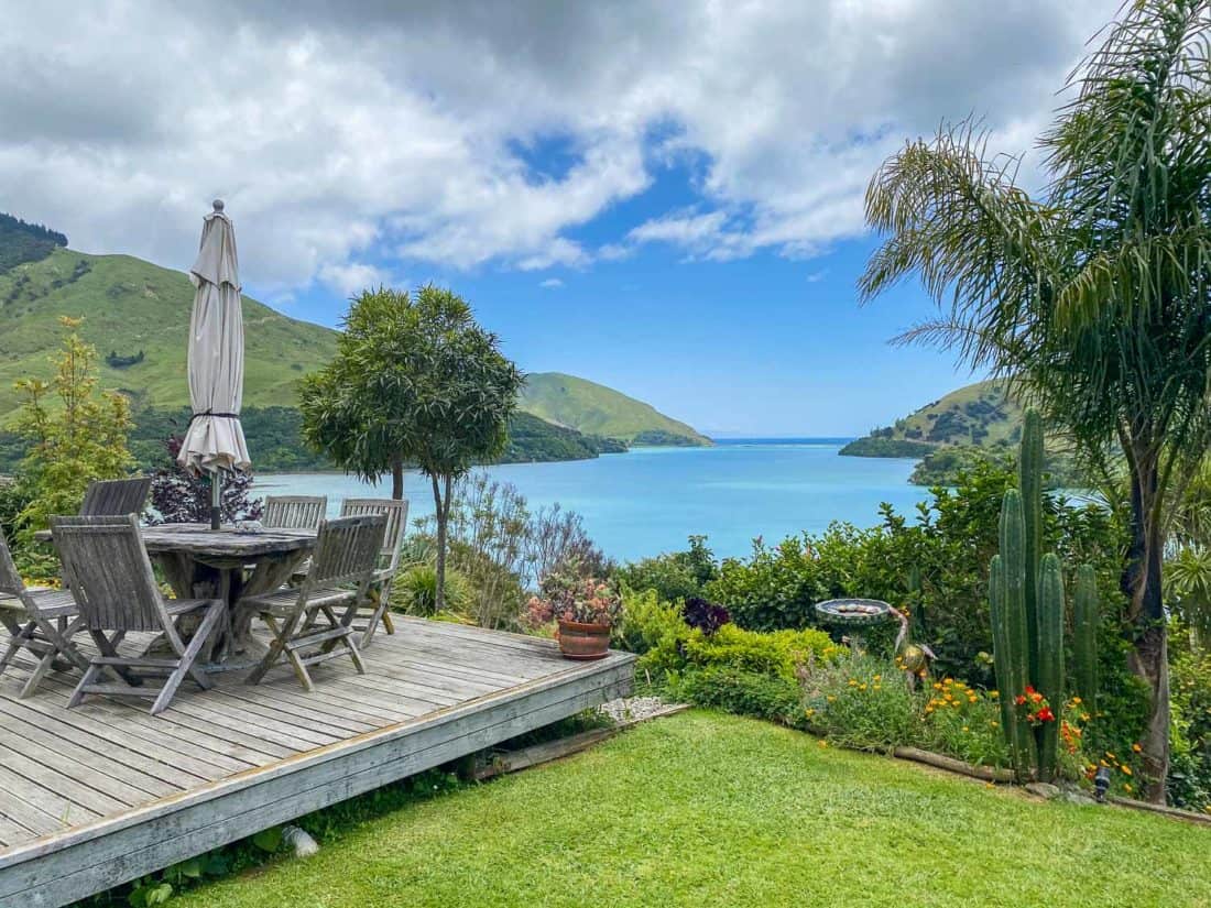 The terrace at Kikorangi Retreat in Delaware Bay near Nelson, NZ