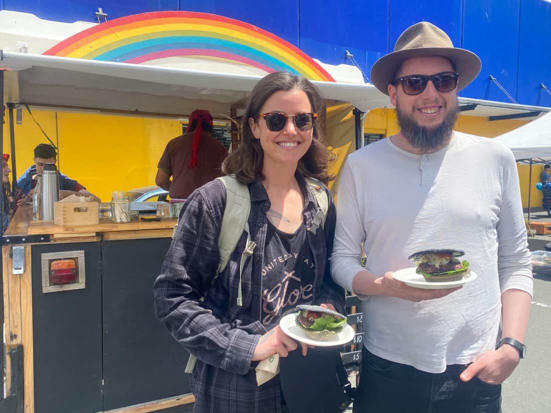 Vegan Burger Pie from Rainbow Kitchen stall at Nelson Market, a Nelson must do activity, New Zealand