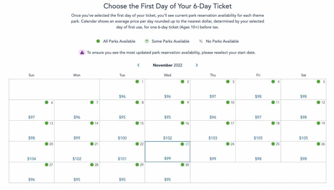 Disney World ticket price calendar