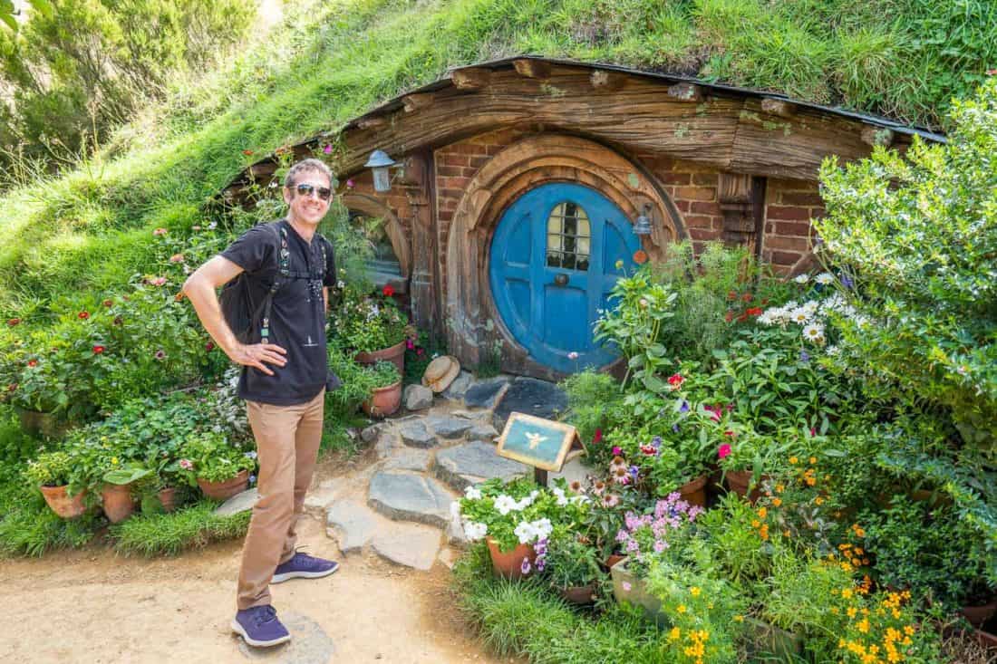 Simon wearing Allbirds Tree Runners at Hobbiton, New Zealand