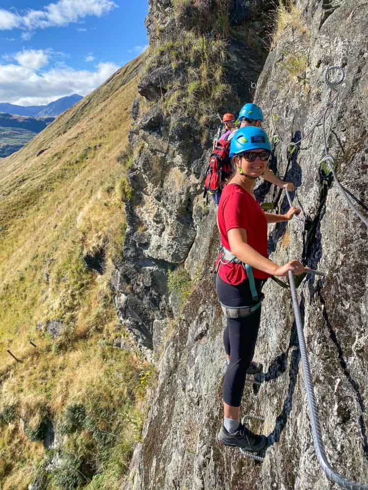 Erin on Level 1 of the Wildwire Via Ferrata in Wanaka