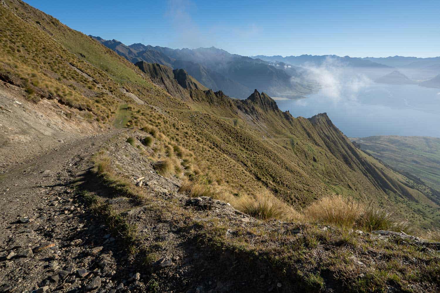 The view on the way up the Isthmus Peak Track overlooking Lake Hawea, Wanaka, New Zealand