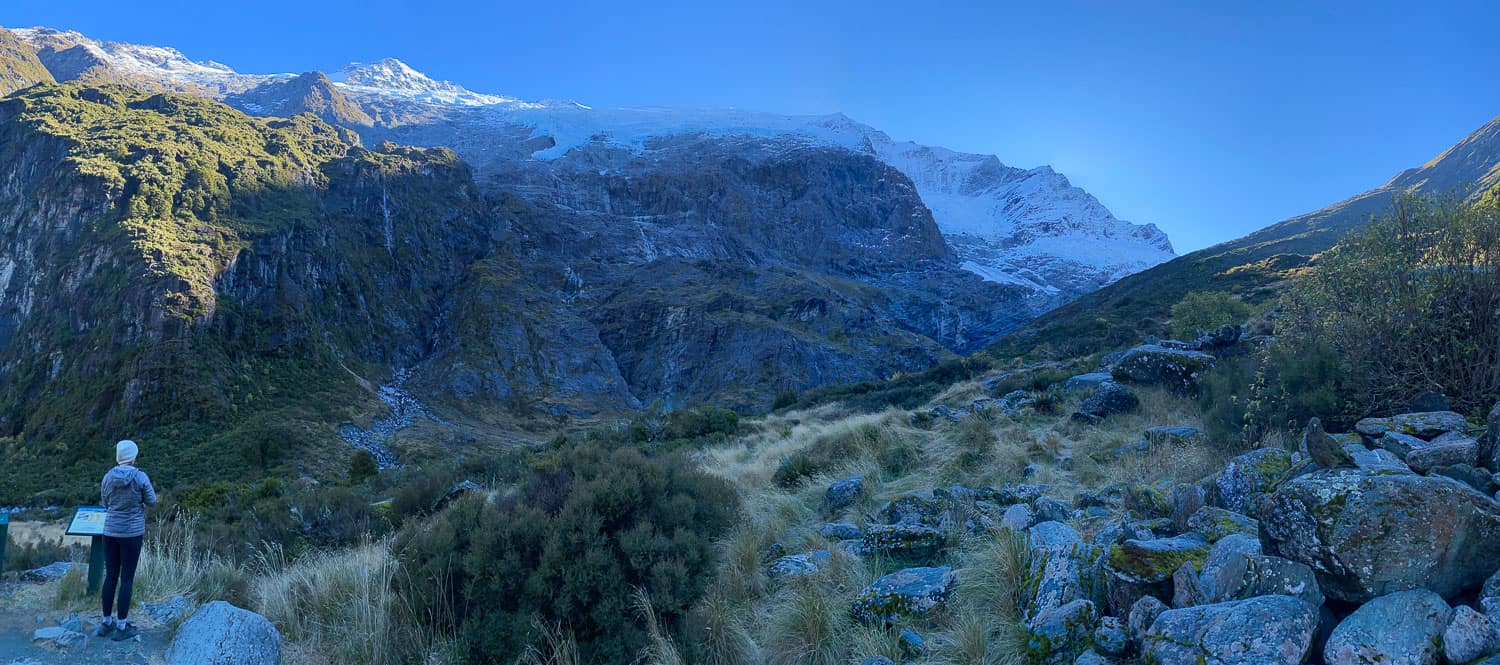 Erin at the upper lookout of the Rob Roy Glacier Track in Mt Aspiring National Park, Wanaka, New Zealand