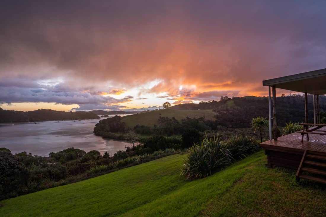 Sunset over Uruti Bay from our house in the Bay of Islands
