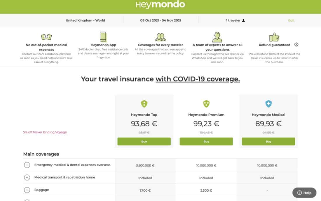 Heymondo post departure travel insurance quote