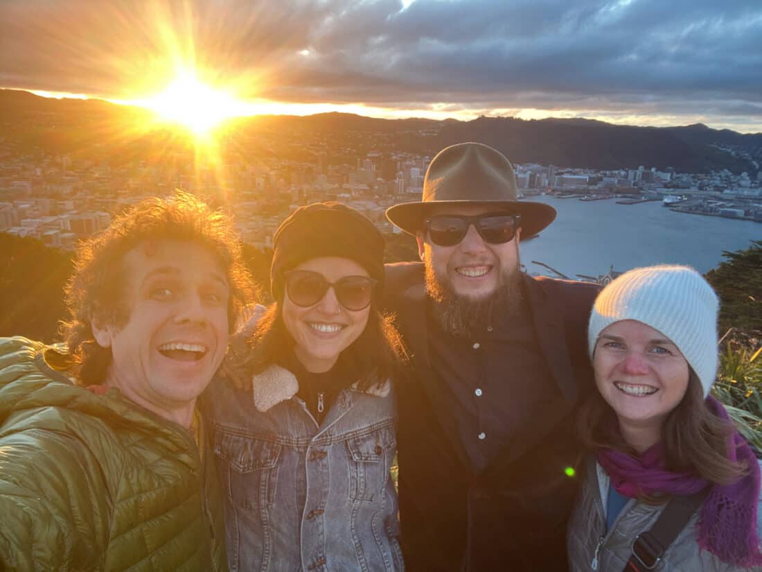 Us with friends at sunset at Mt Vic in Wellington, New Zealand