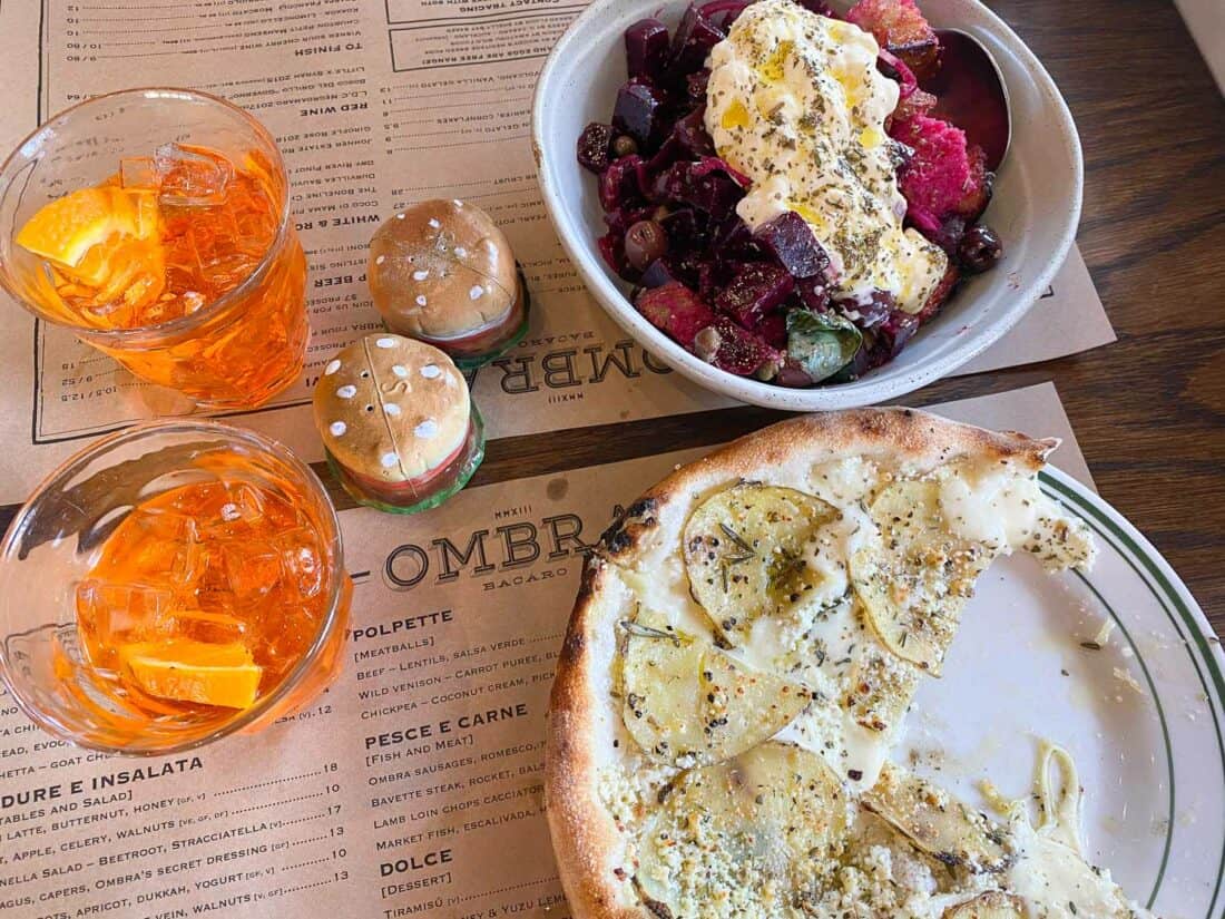 Aperol spritz and pizza at Ombra in Wellington