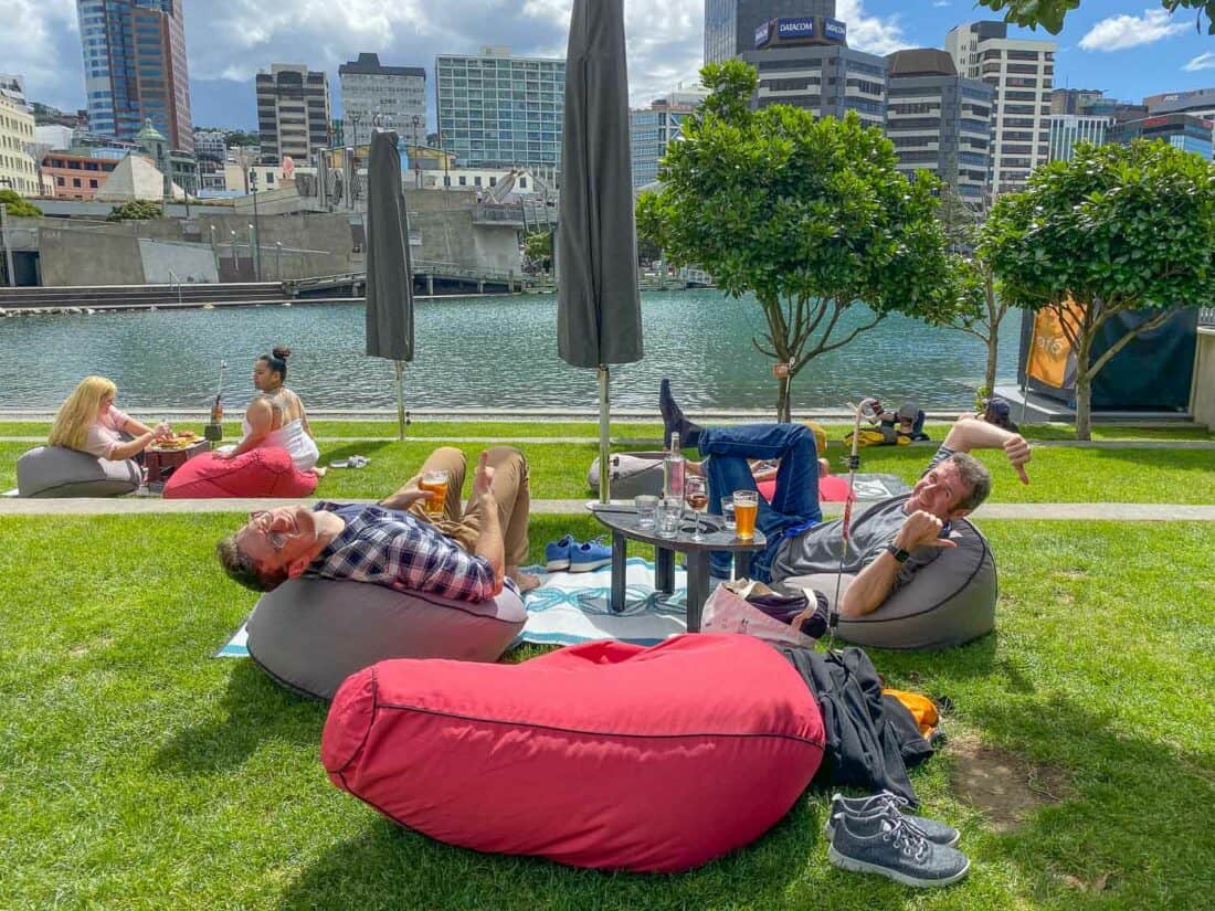 Relaxing on bean bag chairs at Karaka Cafe on the Wellington waterfront